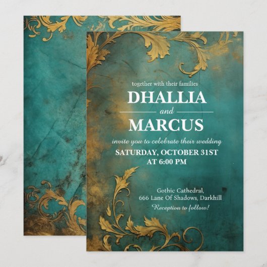 Gothic Bloemen Blauwgroen en Goud Kaart (Voorkant / Achterkant)