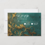 Gothic Bloemen Blauwgroen en Goud RSVP Kaartje (Voorkant)