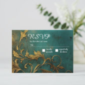 Gothic Bloemen Blauwgroen en Goud RSVP Kaartje (Staand voorkant)