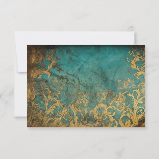 Gothic Bloemen Blauwgroen en Goud RSVP Kaartje (Achterkant)