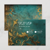 Gothic Bloemen Blauwgroen en Goud RSVP Kaartje (Voorkant / Achterkant)