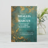 Gothic Bloemen Blauwgroen en Goud Save The Date (Staand voorkant)