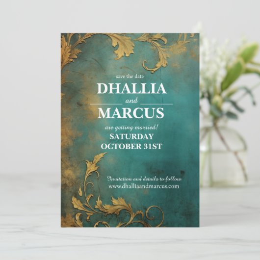 Gothic Bloemen Blauwgroen en Goud Save The Date (Staand voorkant)
