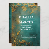 Gothic Bloemen Blauwgroen en Goud Save The Date (Voorkant / Achterkant)