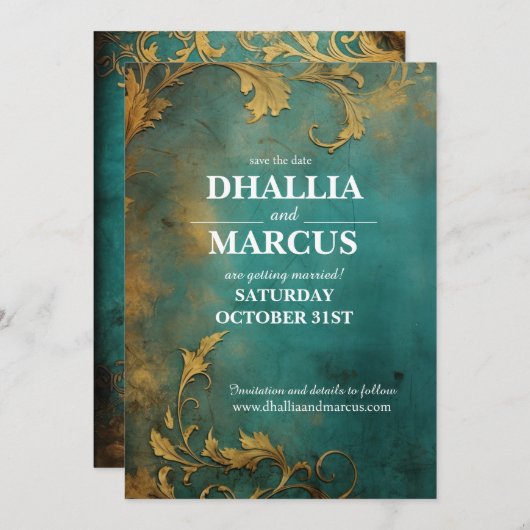 Gothic Bloemen Blauwgroen en Goud Save The Date (Voorkant / Achterkant)