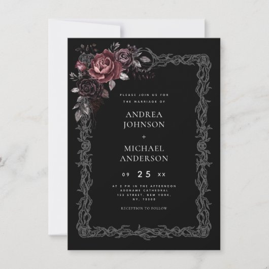 Gothic Bloemen Lijst Dark Gothic Halloween Bruilof Kaart (Voorkant)