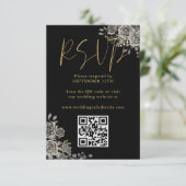 Gothic Bloemen Rozen Zwart en Goud Bruiloft QR Cod RSVP Kaartje (Staand voorkant)