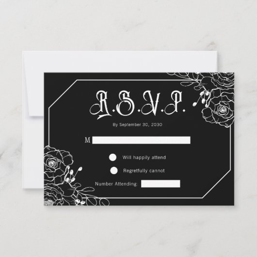 Gothic Bloemen Zwart Bruiloft RSVP Behuizing Kaart (Voorkant)