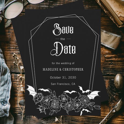 Gothic Bloemen Zwart Bruiloft Save the Date Kaart
