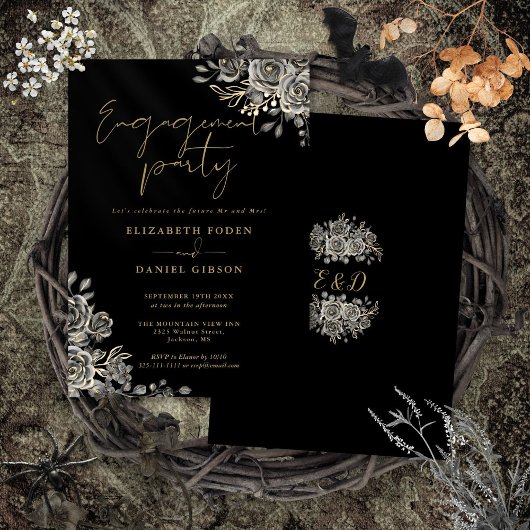 Gothic Bloemen Zwart en Goud Verlovingsfeest Kaart