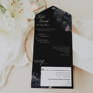Gothic Bloemen Zwart Tot de Dood Doen Ons Deel Bru All In One Uitnodiging
