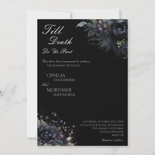 Gothic Bloemen Zwart Tot Dood Bruiloft Details en Kaart (Voorkant)
