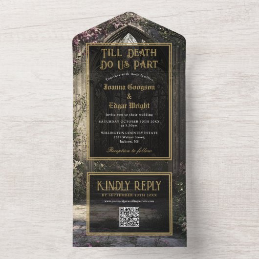 Gothic Bloemige Tuin Bruiloft QR-code All In One Uitnodiging (Binnen)