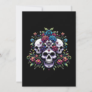 Gothic Bloom - Mystieke Bloemen Schedel Pixel Art Feestdagenkaart