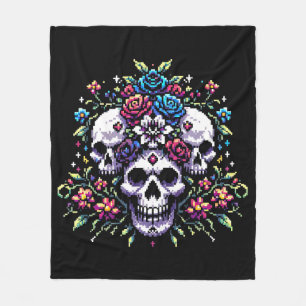 Gothic Bloom - Mystieke Bloemen Schedel Pixel Art Fleece Deken