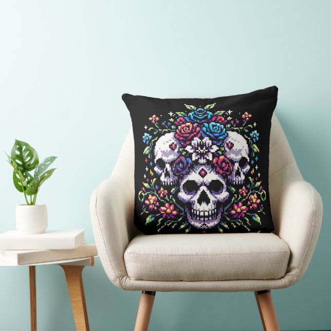 Gothic Bloom - Mystieke Bloemen Schedel Pixel Art Kussen (Stoel)