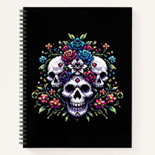 Gothic Bloom - Mystieke Bloemen Schedel Pixel Art Notitieboek