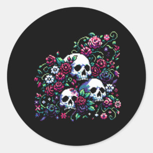 Gothic Bloom - Mystieke Bloemen Schedel Pixel Art Ronde Sticker