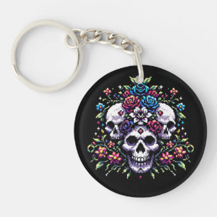 Gothic Bloom - Mystieke Bloemen Schedel Pixel Art Sleutelhanger