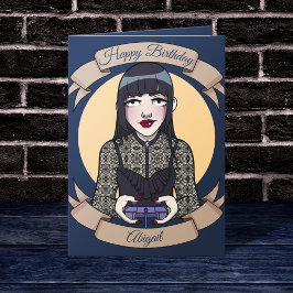 Gothic Blue Cartoon Gamer Girl Birthday Kaart