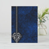 Gothic Blue Damask Silver Heart bruiloft Kaart (Staand voorkant)
