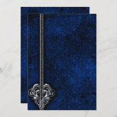 Gothic Blue Damask Silver Heart bruiloft Kaart (Voorkant / Achterkant)