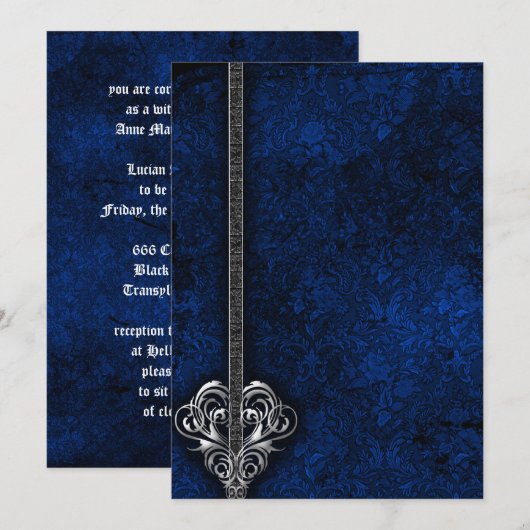 Gothic Blue Damask Silver Heart bruiloft Kaart (Voorkant / Achterkant)