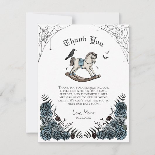 Gothic Blue Floral Rocking Horse Baby shower Bedankkaart (Voorkant)