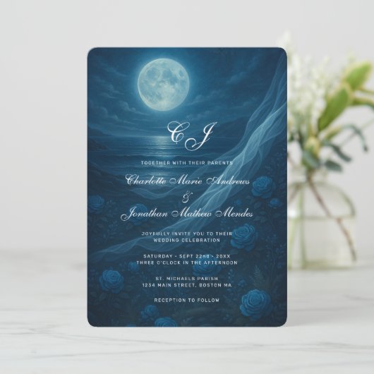 Gothic Blue Skeleton Couple Beach Moon Wedding Kaart (Staand voorkant)