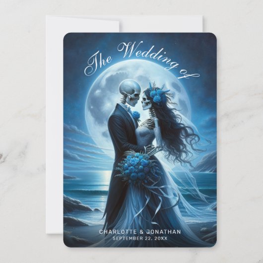 Gothic Blue Skeleton Couple Beach Moon Wedding Kaart (Achterkant)