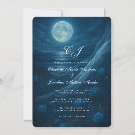 Gothic Blue Skeleton Couple Beach Moon Wedding Kaart (Voorkant)