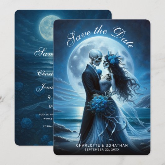 Gothic Blue Skeleton Couple Wedding Save the Date (Voorkant / Achterkant)