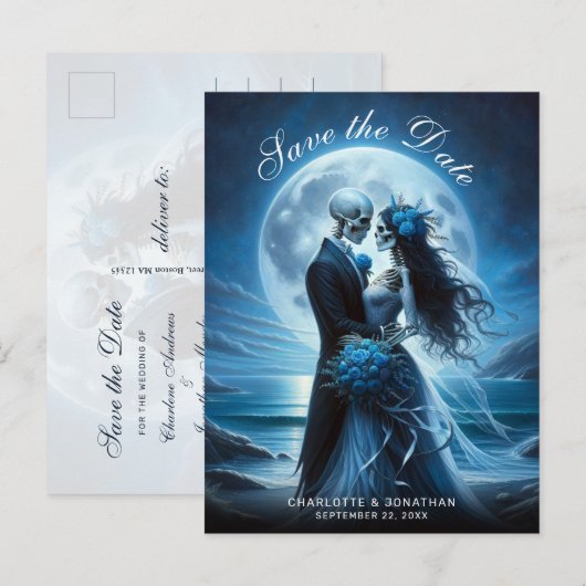 Gothic Blue Skeleton Couple Wedding Save the Date Aankondigingskaart (Voorkant / Achterkant)