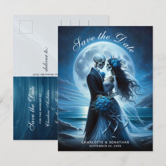 Gothic Blue Skeleton Couple Wedding Save the Date Aankondigingskaart (Voorkant / Achterkant)
