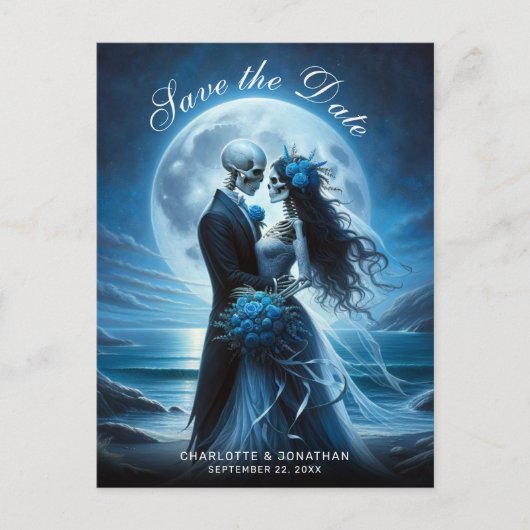 Gothic Blue Skeleton Couple Wedding Save the Date Aankondigingskaart (Voorkant)