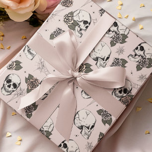 Gothic Blush Roze Schedel en Bloemen Halloween Cadeaupapier