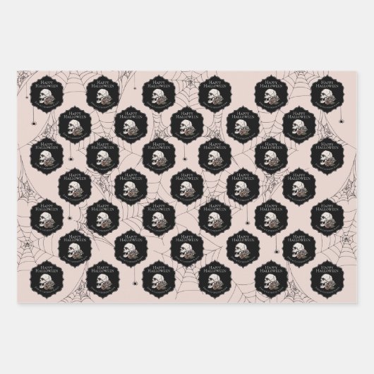 Gothic Blush Roze Schedels en Strepen Halloween Inpakpapier Vel (Voorkant)