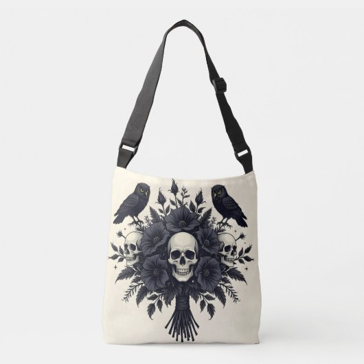 Gothic boeket met drie schedels en twee uilen crossbody tas (Voorkant)