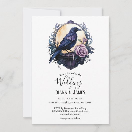 Gothic Boho Floral Raven & Roos bruiloft Kaart (Voorkant)