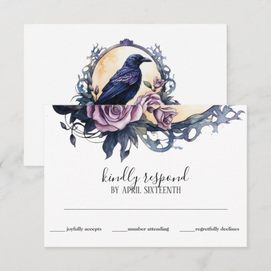 Gothic Boho Floral Raven & Roos bruiloft RSVP Kaartje (Voorkant / Achterkant)
