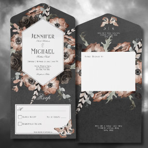 Gothic Boho Moth Zwart & Bruin Bloemen Geen Diner All In One Uitnodiging