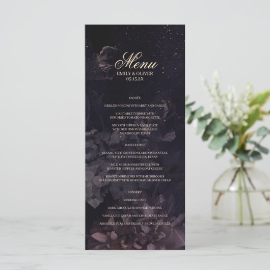 Gothic Boho Paarse Floral Waterverf Wedding Menu (Staand voorkant)