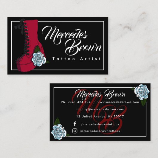 Gothic Boot Script Zwart Tattoo Artiest Visitekaartje (Voorkant / Achterkant)