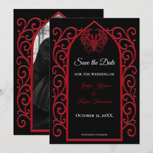 Gothic border black and red wedding save the date aankondiging (Voorkant / Achterkant)