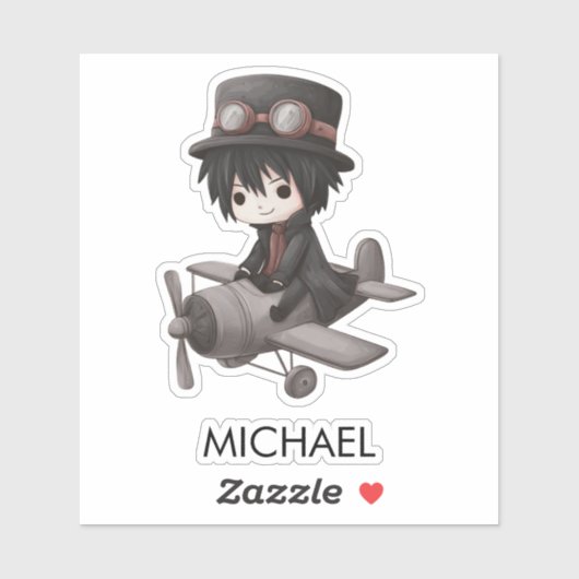 Gothic Boy Pilot flies Airplane Personalized Anime Sticker (Vel)