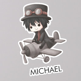 Gothic Boy Pilot flies Airplane Personalized Anime Sticker
