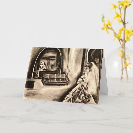 GOTHIC BRIDE Charcoal Drawing BLANK Wenskaart Kaart (Gele Bloem)