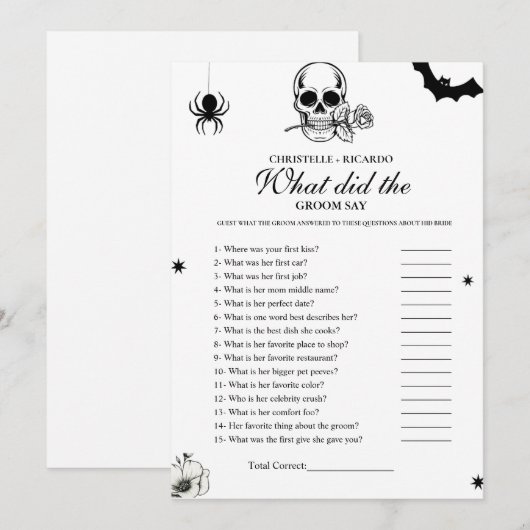 Gothic Bruid bruidegom trivia bruiloft spel kaart (Voorkant / Achterkant)