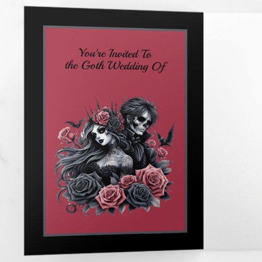 Gothic Bruid en bruidegom Zwart Roze Grijs Tri-Fol Drieluik Uitnodiging (Binnenzijde eerst)