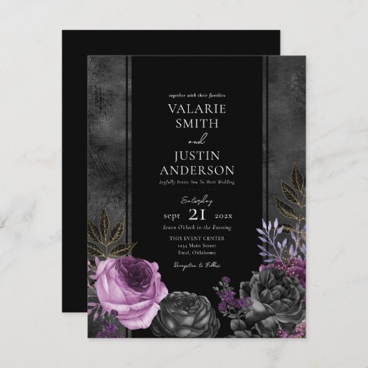 Gothic Bruiloft Bloemen Paarse en Zwarte Uitnodigi Kaart (Voorkant / Achterkant)